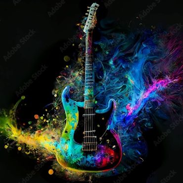Electric guitar with rainbow paint energetic explosion, Generative AI, is not based on any original image, character or person